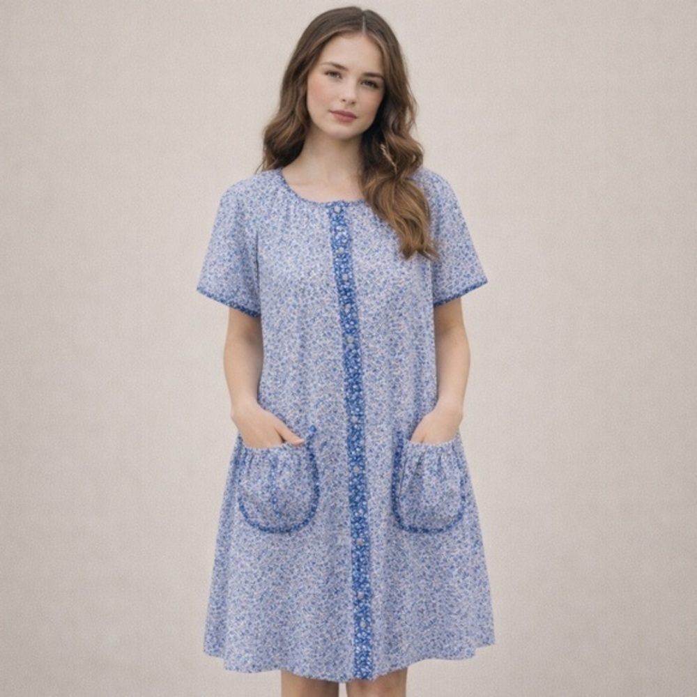 Reflections by Banks Blue Vintage Flower Print House Dress Mumu